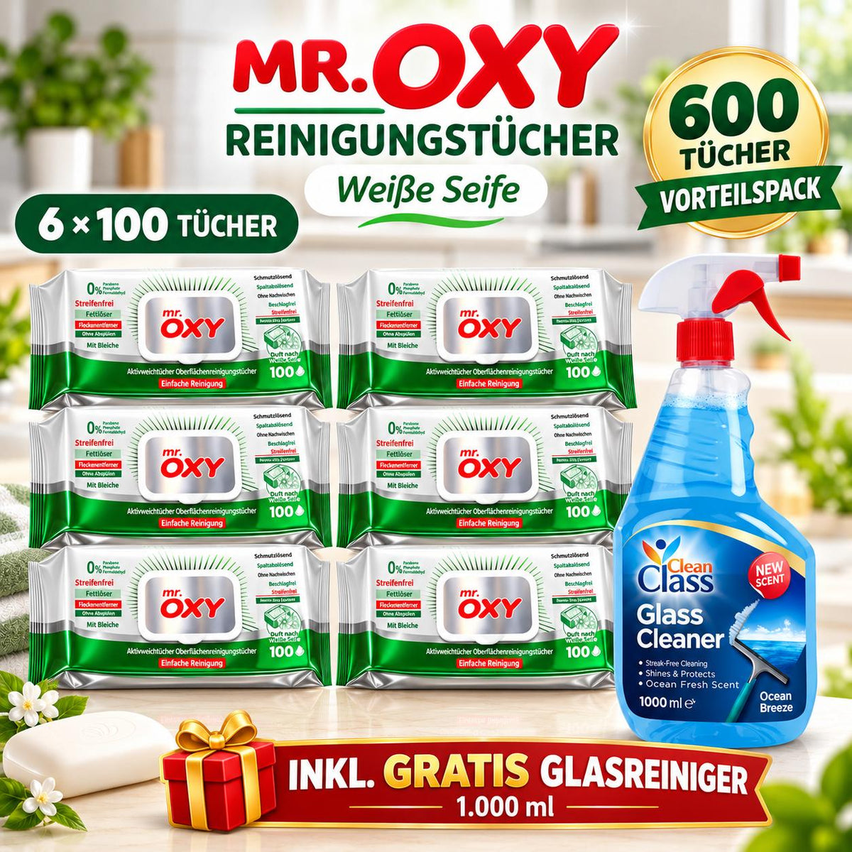 Mr Oxy Oberflächen-Reinigungstücher Maxima Beyaz Sirke & Karbonat – 6er Set, 6 x 100 Tücher + 1 Gratis-Glasreiniger