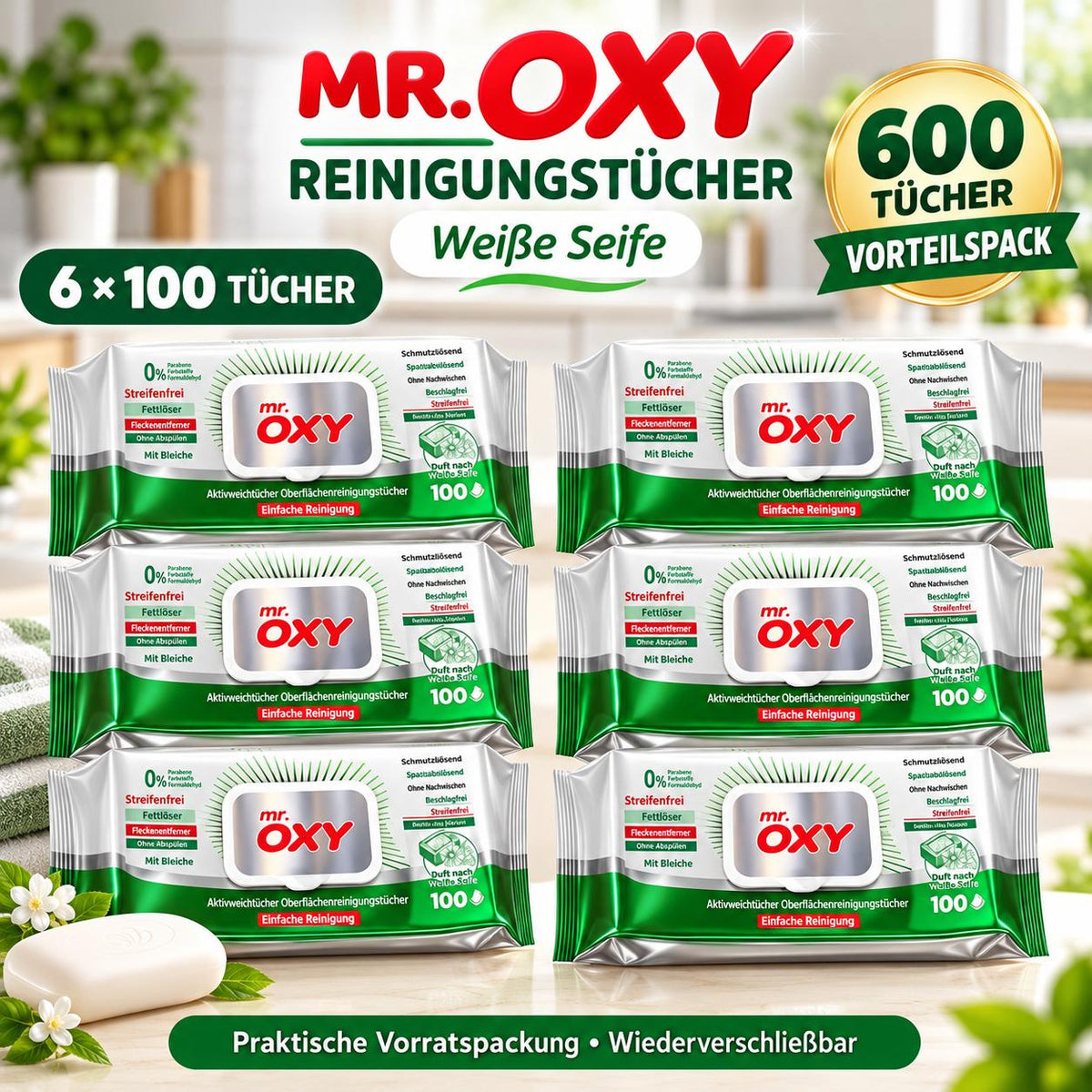 Mr Oxy Oberflächen-Reinigungstücher Maxima Beyaz Sirke & Karbonat – 6er Set, 6 x 100 Tücher