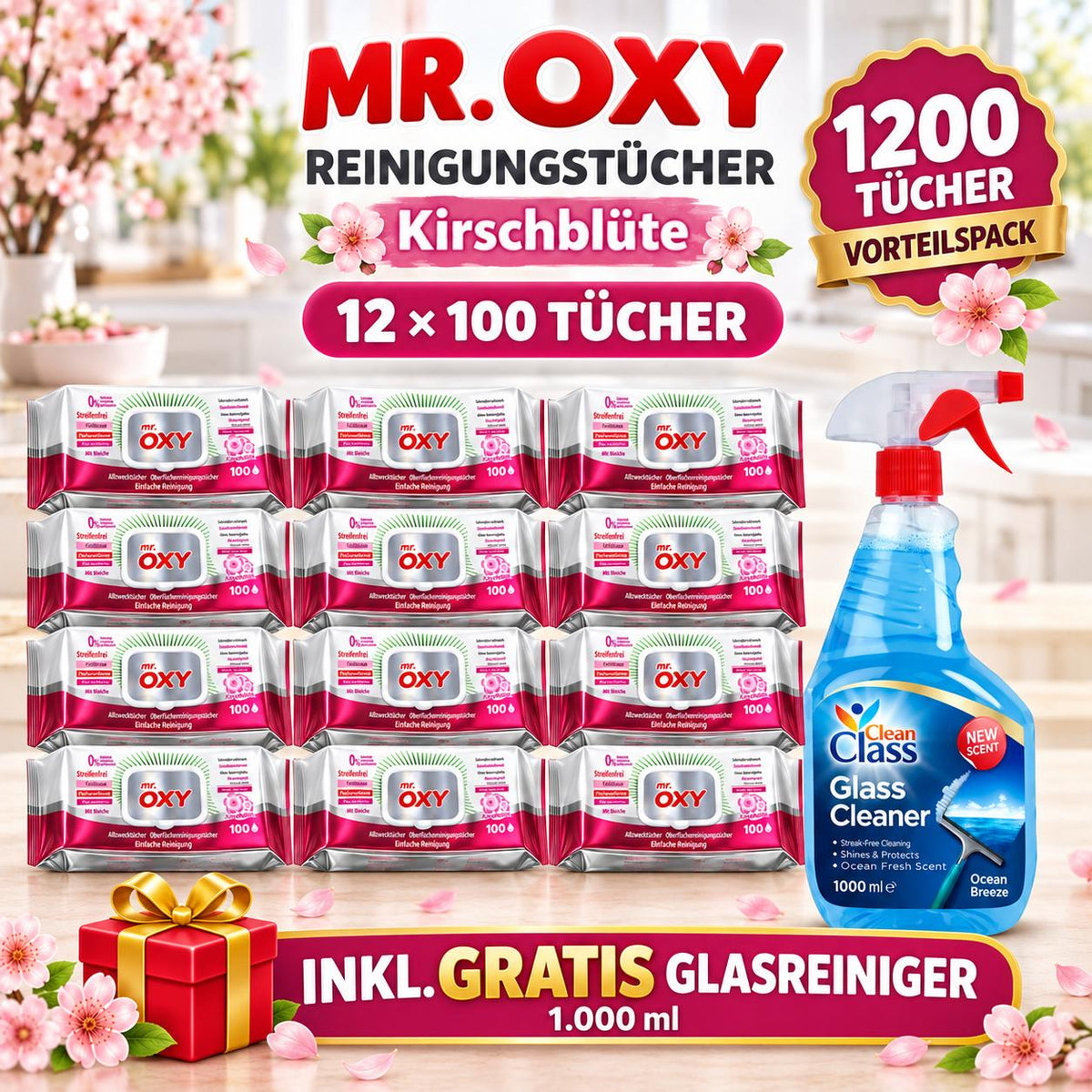 Mr Oxy Oberflächen-Reinigungstücher Kirschblüte – 12er Set, 12 x 100 Tücher + 1 Gratis-Glasreiniger