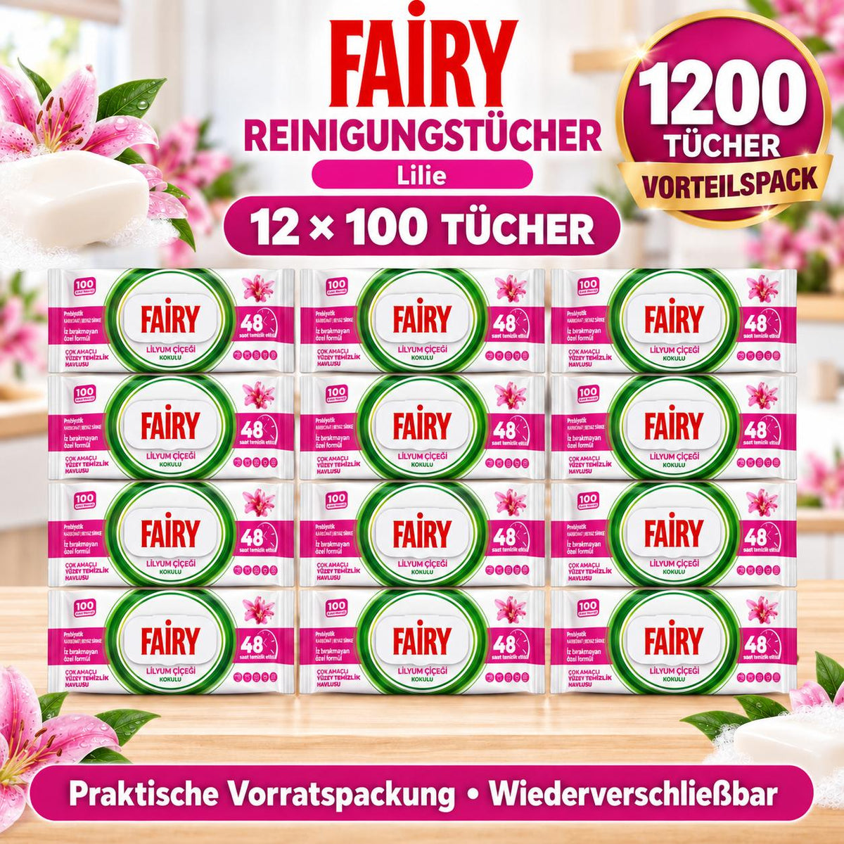 FAIRY Oberflächen-Reinigungstücher Lilie – 12er Set, 12 x 100 Tücher
