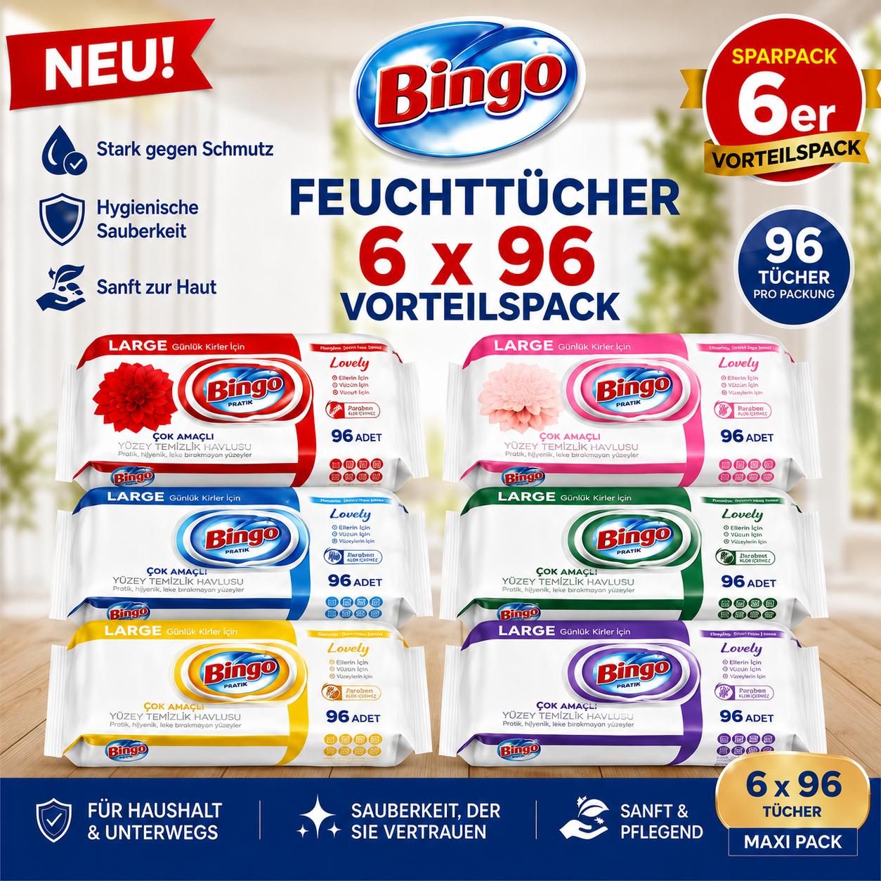 Bingo Feuchttücher Mix Set 6x96 Blatt – 6 Düfte – Mehrzweck Reinigungstücher Vorteilspack