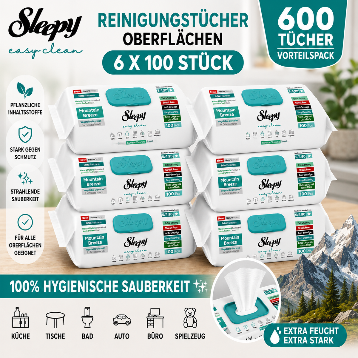 Sleepy Easy Clean Oberflächenreinigungstücher Mountain Breeze 6x100