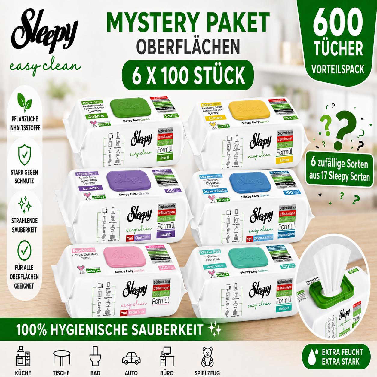 Sleepy Easy Clean Mystery Pack 5+1 GRATIS – 6 Packungen aus 17 Sorten – Oberflächenreinigungstücher