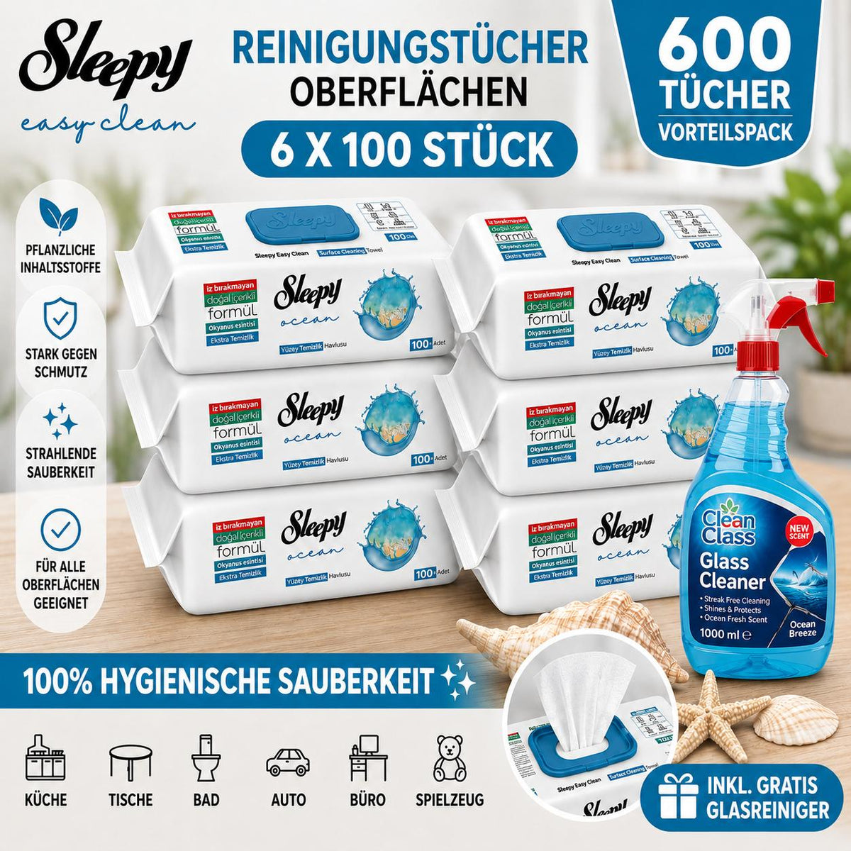Sleepy Easy Clean Oberflächenreinigungstücher – 6x100 Ocean + Glasreiniger GRATIS
