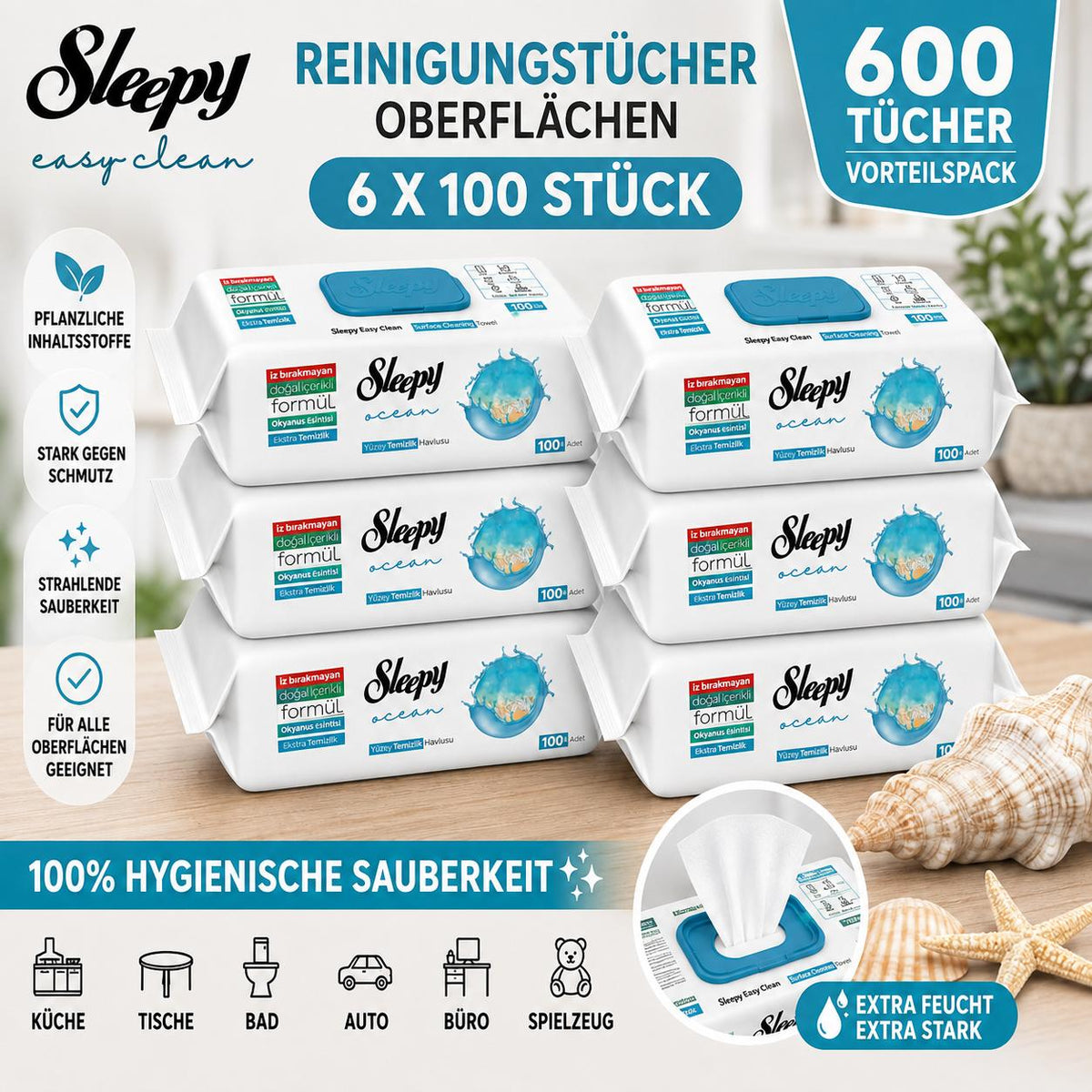 Sleepy Easy Clean Oberflächenreinigungstücher Ocean Breeze 6x100