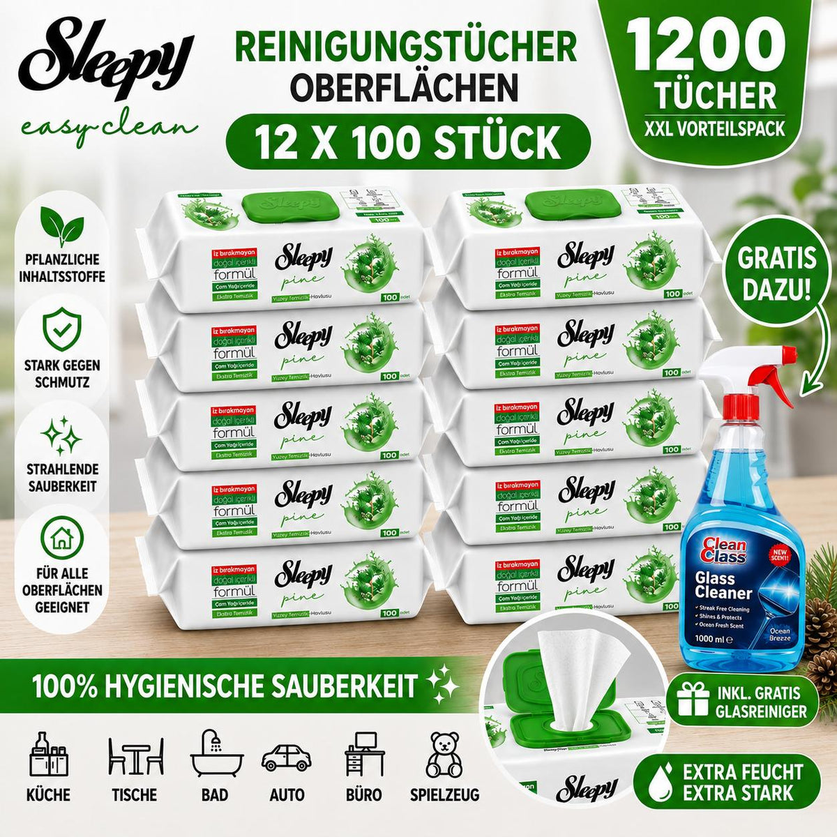 Sleepy Easy Clean Oberflächenreinigungstücher – 12x100 Pine + Glasreiniger GRATIS