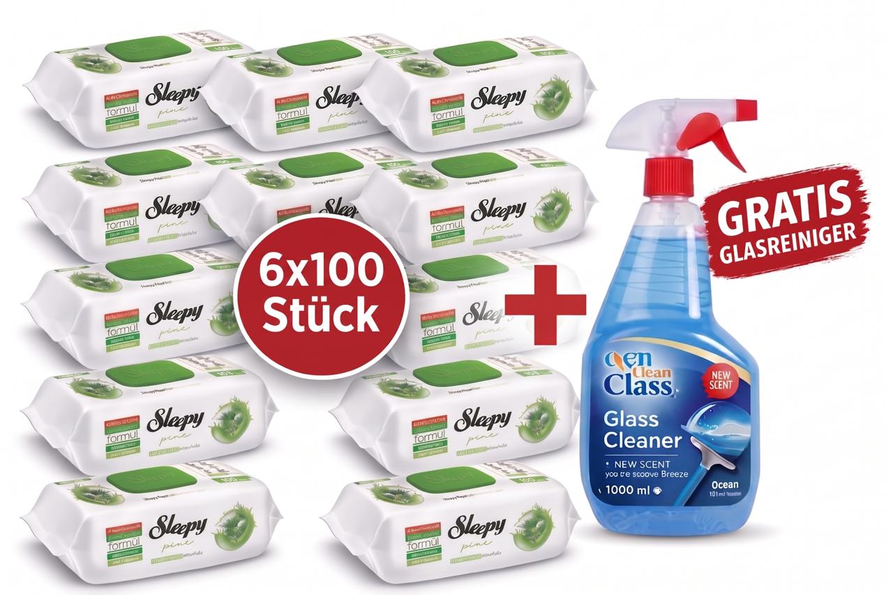 Sleepy Easy Clean Oberflächenreinigungstücher – 6x100 Pine + Glasreiniger GRATIS