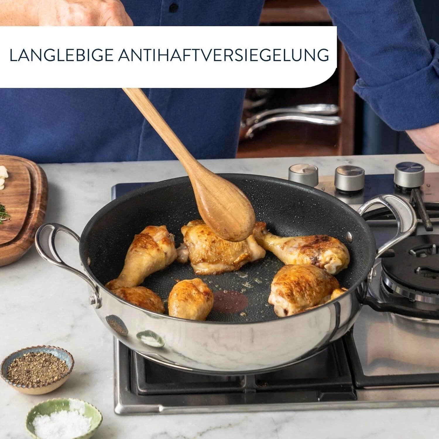 Tefal Jamie Oliver Cooks Classic Servierpfanne 30 cm, Schmorpfanne Induktion mit Antihaftversiegelung, Thermo-Signal bei idealer Brattemperatur, für alle Herdarten geeignet, Edelstahl, E30690