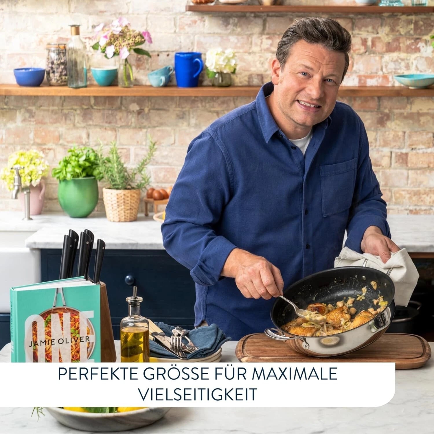 Tefal Jamie Oliver Cooks Classic Servierpfanne 30 cm, Schmorpfanne Induktion mit Antihaftversiegelung, Thermo-Signal bei idealer Brattemperatur, für alle Herdarten geeignet, Edelstahl, E30690