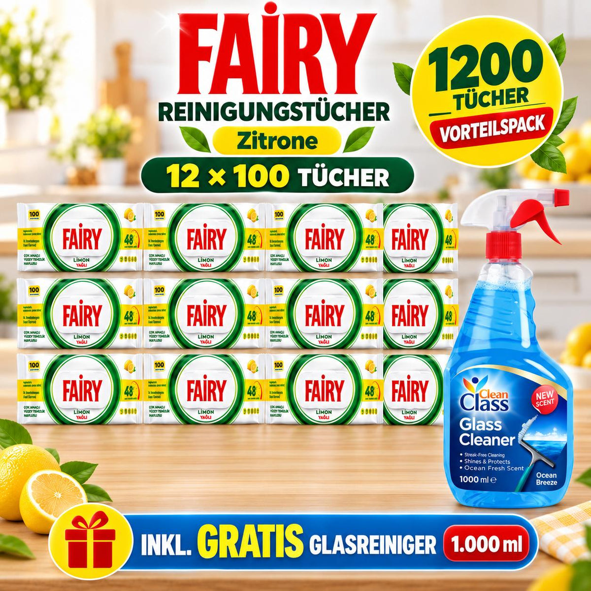 FAIRY Oberflächen-Reinigungstücher Zitrone – 12er Set, 12 x 100 Tücher + 1 Gratis-Glasreiniger