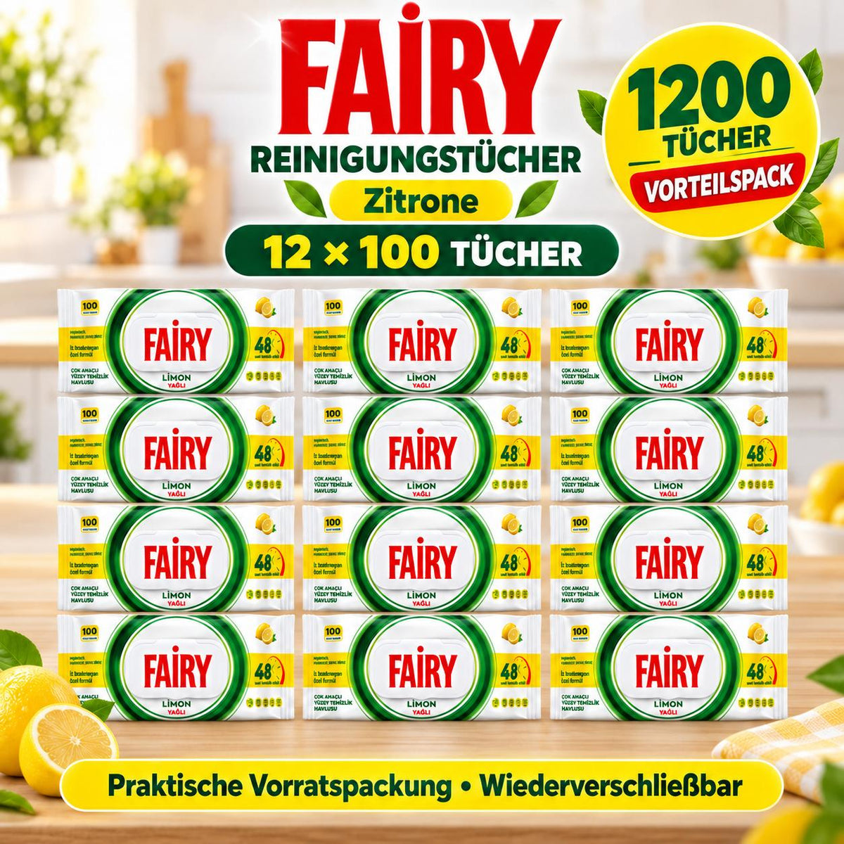 FAIRY Oberflächen-Reinigungstücher Zitrone – 12er Set, 12 x 100 Tücher