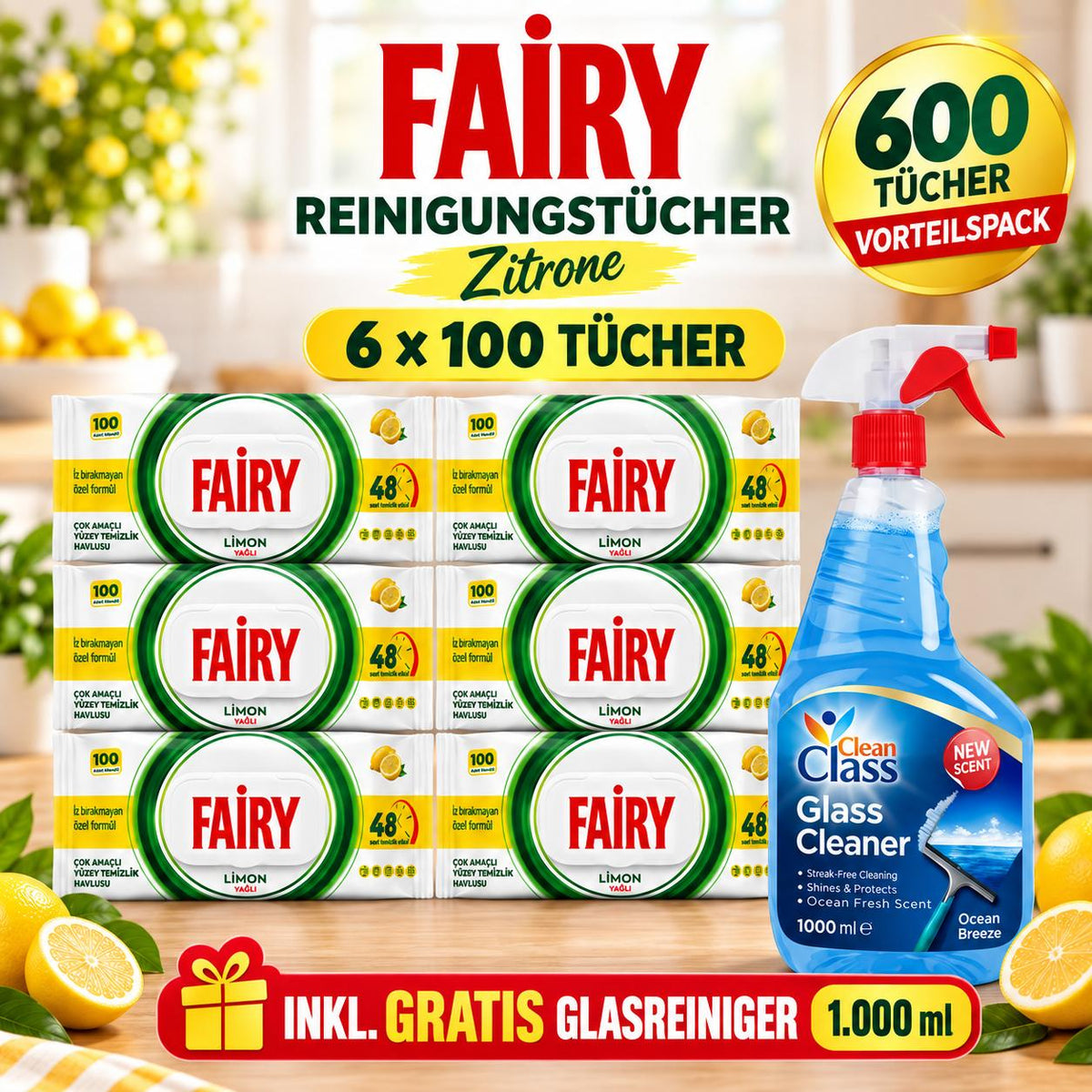 FAIRY Oberflächen-Reinigungstücher Zitrone – 6er Set, 6 x 100 Tücher + 1 Gratis-Glasreiniger