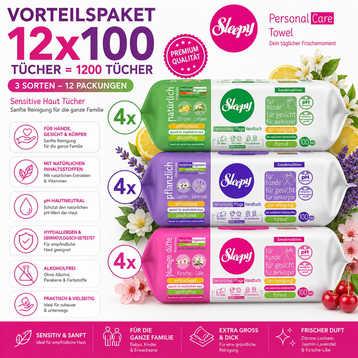 Sleepy Easy Clean Sensitive Mix Set 12x100 Tücher – Zitrone & Lorbeer, Jasmin & Lavendel, Kirsche & Lilie – für Babys, Kinder & Erwachsene