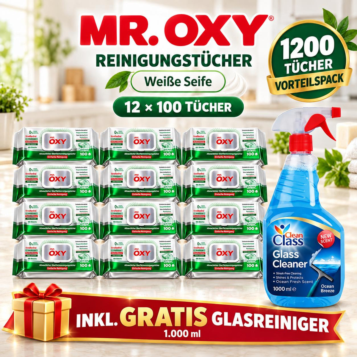 Mr Oxy Oberflächen-Reinigungstücher Maxima Beyaz Sirke & Karbonat – 12er Set, 12 x 100 Tücher + 1 Gratis-Glasreiniger