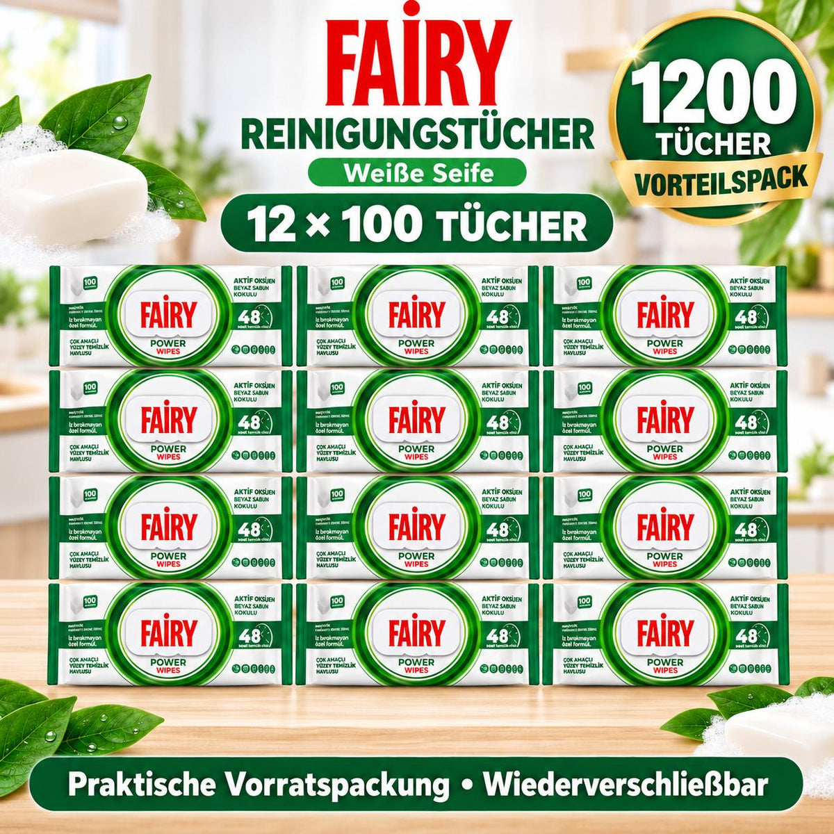 FAIRY Oberflächen-Reinigungstücher Power – 12er Set, 12 x 100 Tücher