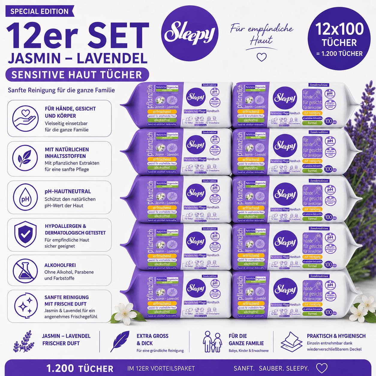 Sleepy Easy Clean Sensitive Feuchttücher Jasmin - Lavendel 12x100 Tücher – für Babys, Kinder & Erwachsene – alkoholfrei, pH-hautneutral, hypoallergen, sanfte Reinigung für Hände, Gesicht & Körper