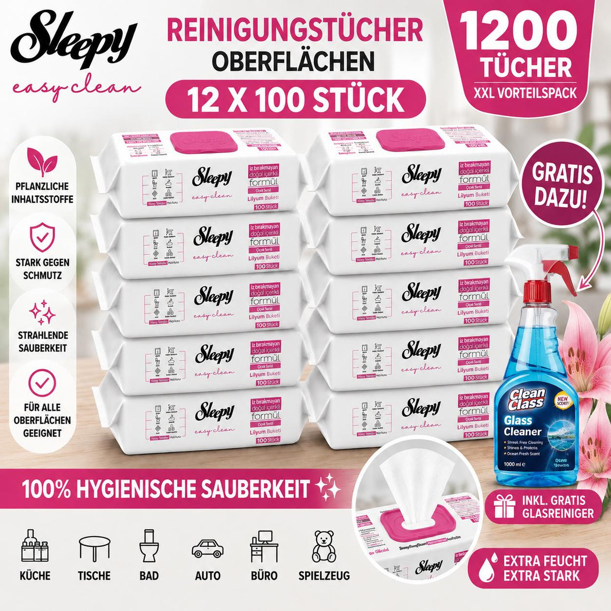 Sleepy Easy Clean Oberflächenreinigungstücher – 12x100 Lilium + Glasreiniger GRATIS