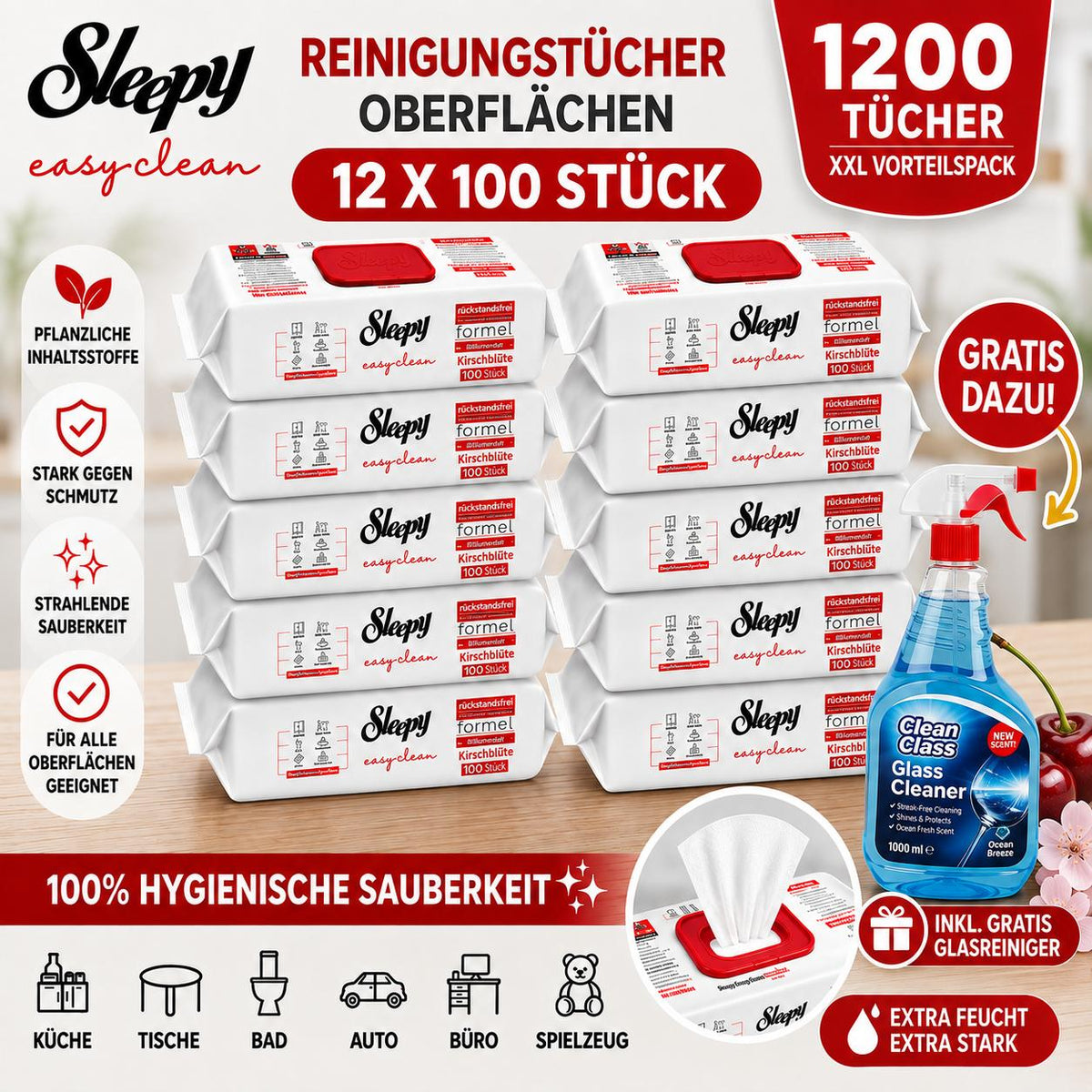Sleepy Easy Clean Oberflächenreinigungstücher – 12x100 Kirsche + Glasreiniger GRATIS