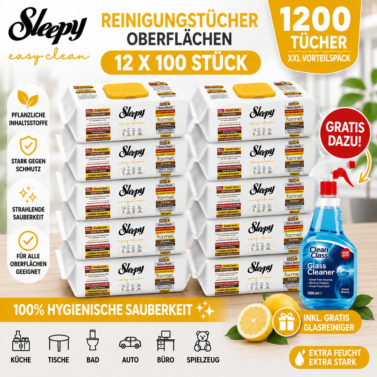Sleepy Easy Clean Zitrone / Lemon 12er Set + 1x Glasreiniger GRATIS – Reinigungstücher