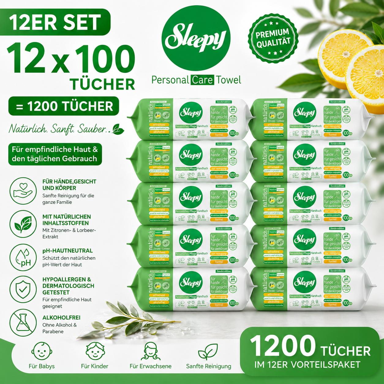 Sleepy Easy Clean Sensitive Feuchttücher Zitrone - Lorbeer 12x100 Tücher – für Babys, Kinder & Erwachsene – alkoholfrei, pH-hautneutral, hypoallergen, sanfte Reinigung für Hände, Gesicht & Körper