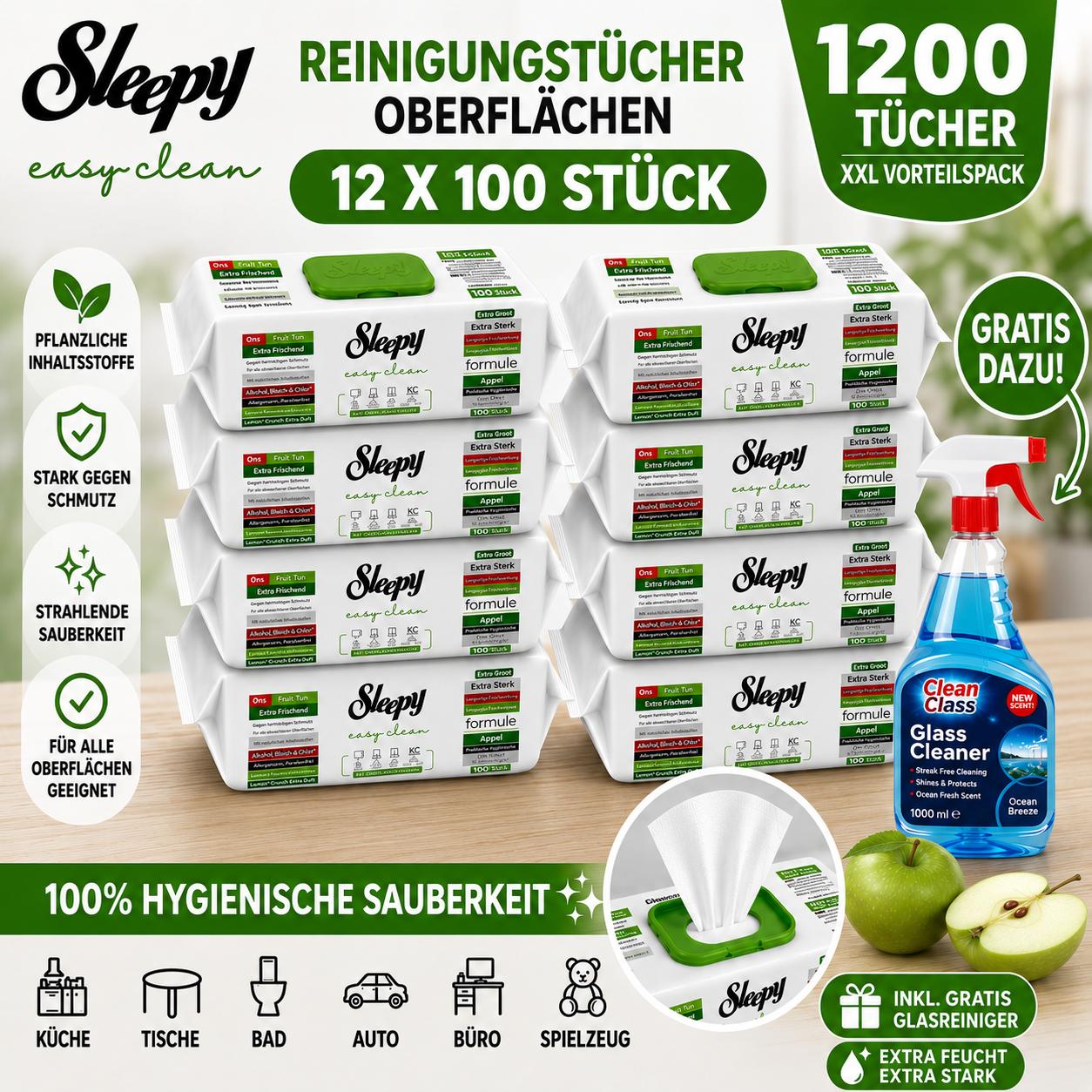 Sleepy Easy Clean Apfel / Apple 12er Set + 1x Glasreiniger GRATIS – Reinigungstücher