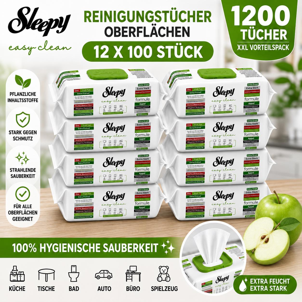 Sleepy Easy Clean Apfel / Apple 12er Set – Oberflächenreinigungstücher – 1200 Tücher