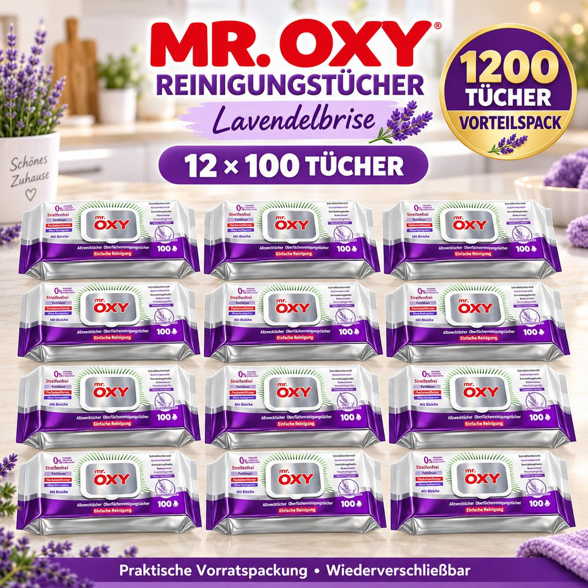 Mr Oxy Oberflächen-Reinigungstücher Lavendelbrise – 12er Set, 12 x 100 Tücher