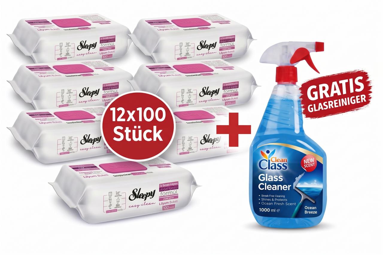 Sleepy Easy Clean Oberflächenreinigungstücher – 12x100 Lilium + Glasreiniger GRATIS
