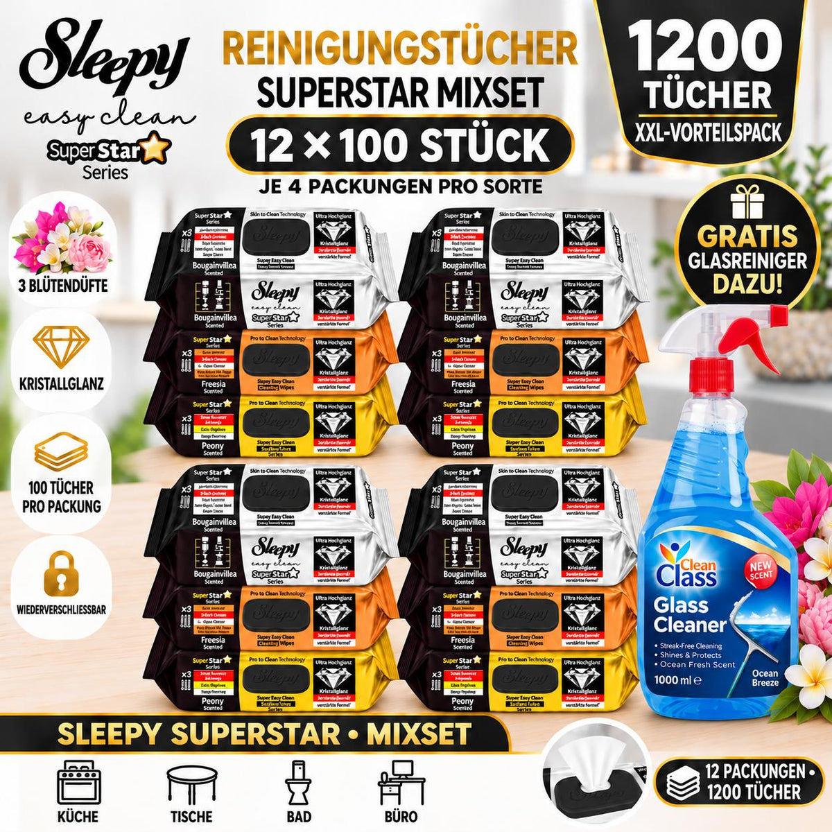 Sleepy SuperStar 12er Mix + Glasreiniger GRATIS – Pfingstrose, Bougainvillea & Freesia – 12×100 Tücher