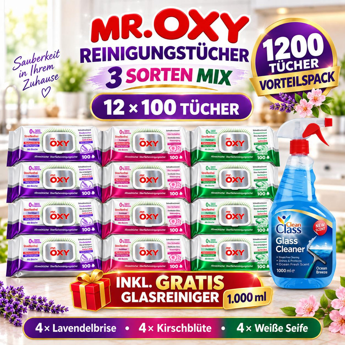 Mr Oxy Oberflächen-Reinigungstücher alle 3 Sorten – 12er Mixset, 12 x 100 Tücher + 1 Gratis-Glasreiniger