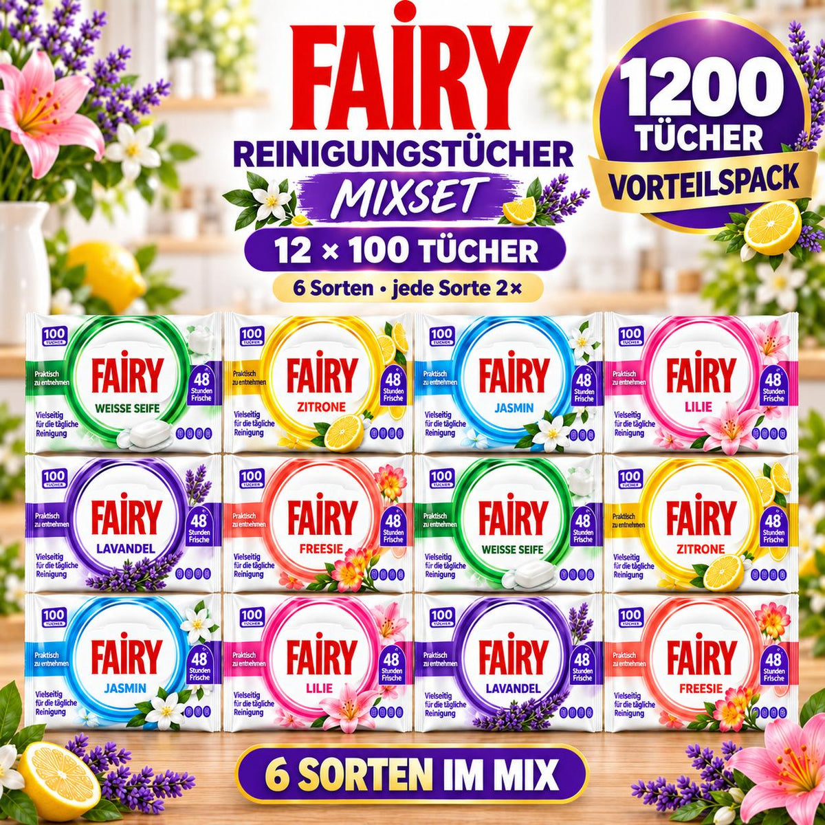 FAIRY Oberflächen-Reinigungstücher alle 6 Sorten – 12er Mixset, 12 x 100 Tücher