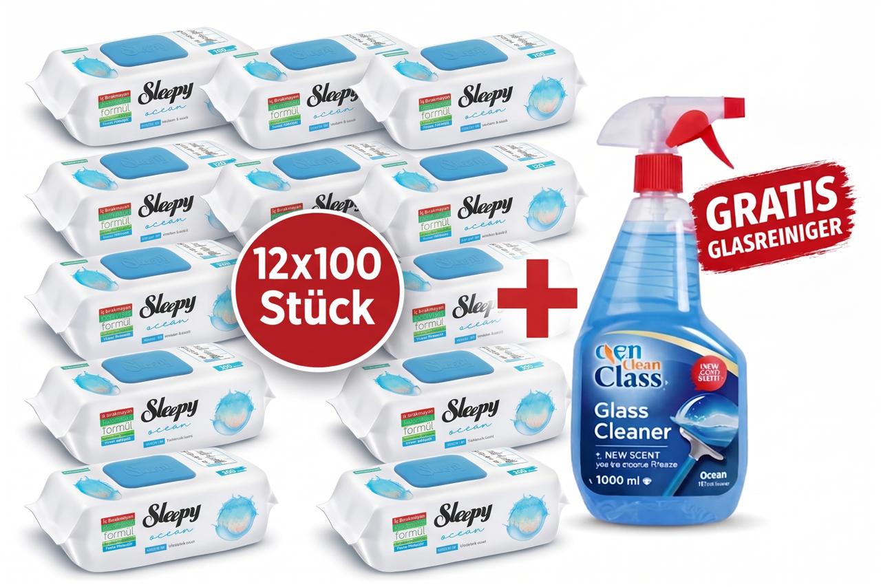 Sleepy Easy Clean Oberflächenreinigungstücher – 12x100 Ocean + Glasreiniger GRATIS