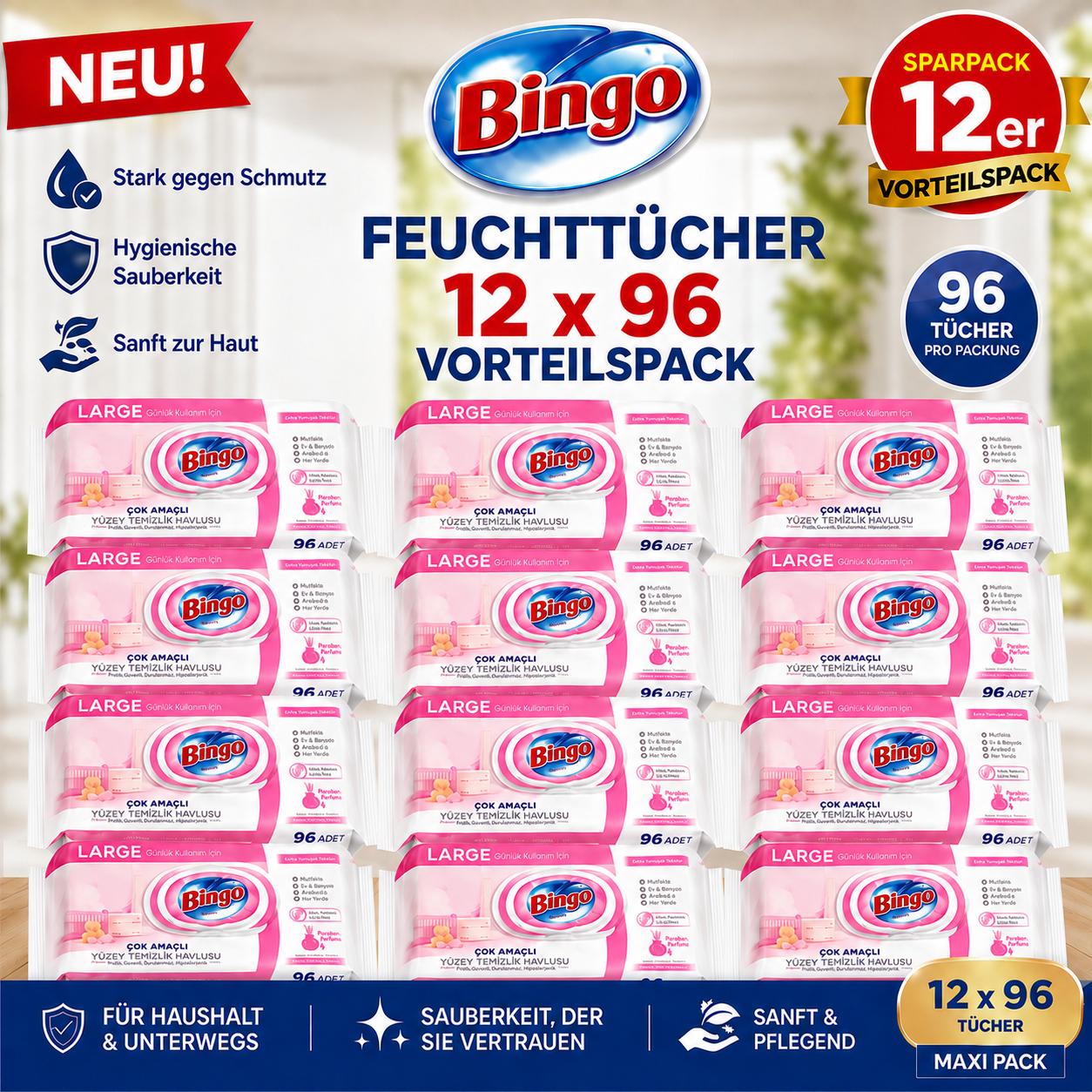 Bingo Feuchttücher Pink 12x96 Blatt – Blumenduft – Großpackung