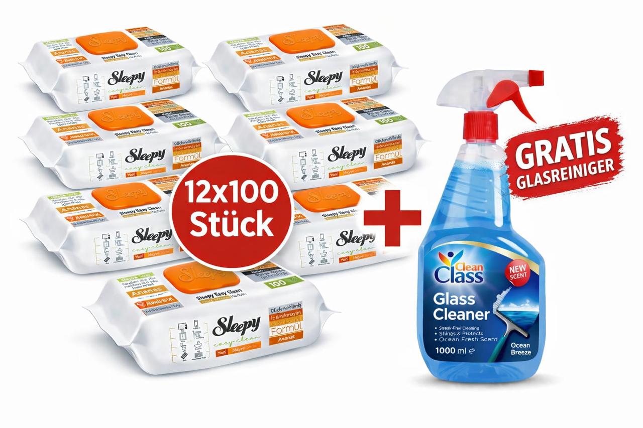 Sleepy Easy Clean Oberflächenreinigungstücher – 12x100 Orange + Glasreiniger GRATIS