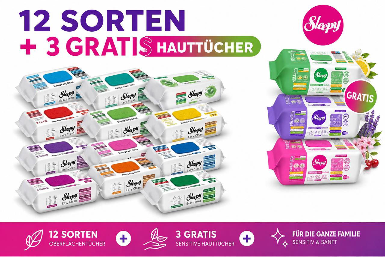 Sleepy Easy Clean 15er XXL Vorteilspaket – 12 verschiedene Oberflächen-Reinigungstücher + 3 GRATIS Sensitive Feuchttücher für Hände, Gesicht & Körper – je 100 Tücher – Limited Edition Sparset