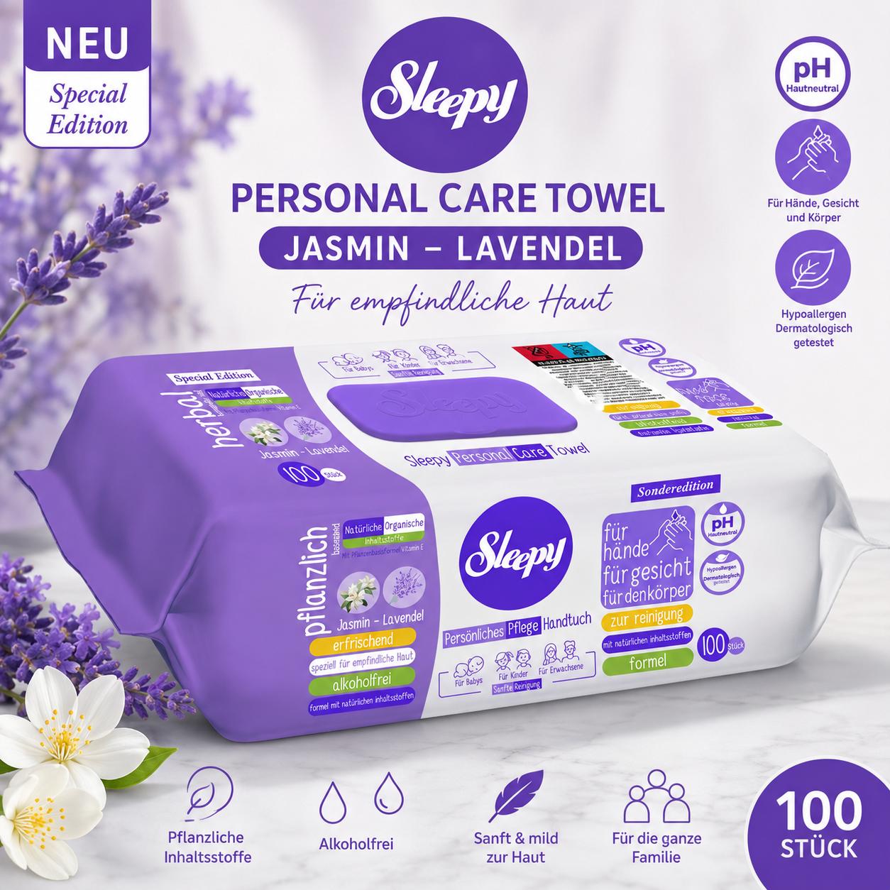 Sleepy Easy Clean Sensitive Feuchttücher Jasmin - Lavendel 3x100 Tücher – für Babys, Kinder & Erwachsene – alkoholfrei, pH-hautneutral, hypoallergen, sanfte Reinigung für Hände, Gesicht & Körper
