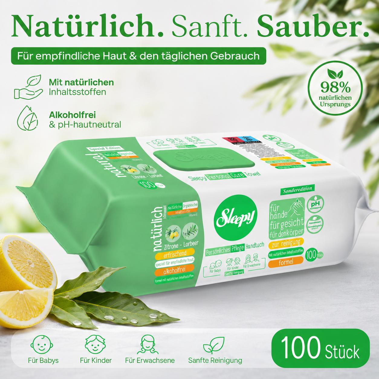 Sleepy Easy Clean Sensitive Feuchttücher Zitrone - Lorbeer 12x100 Tücher – für Babys, Kinder & Erwachsene – alkoholfrei, pH-hautneutral, hypoallergen, sanfte Reinigung für Hände, Gesicht & Körper