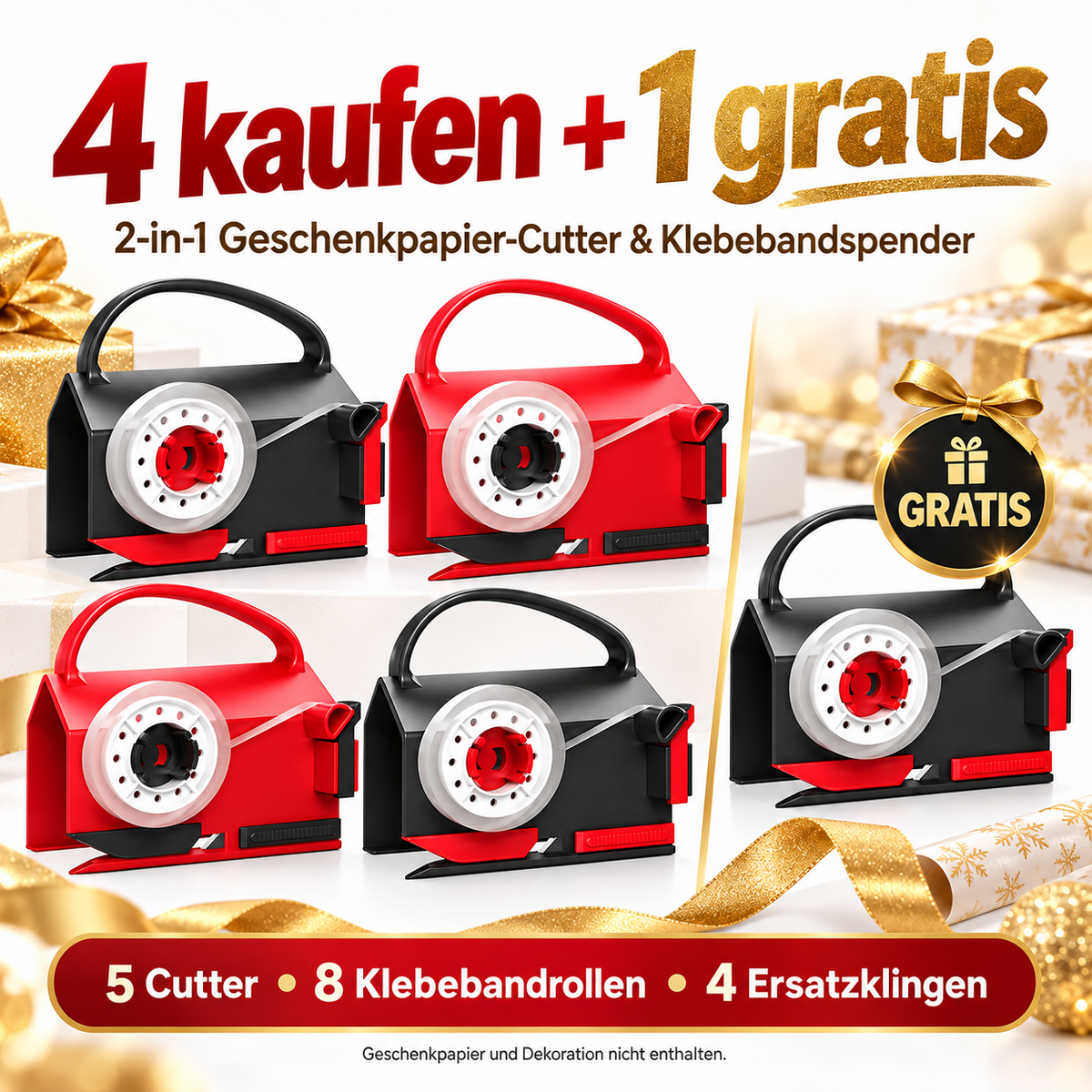 Geschenkpapier Cutter Vorteilspaket – 2x 2er Set kaufen + 1 Cutter GRATIS – 5 Cutter, 8 Klebebandrollen + 4 Ersatzklingen