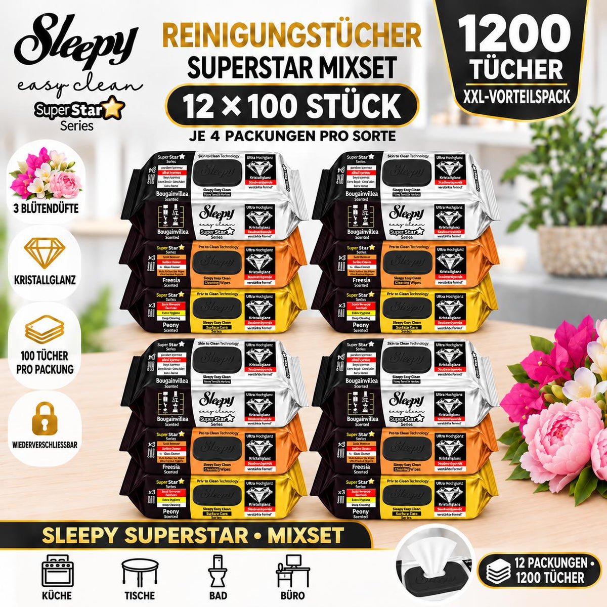 Sleepy SuperStar Oberflächenreinigungstücher 12er Mix – Pfingstrose, Bougainvillea & Freesia – 12×100 Tücher