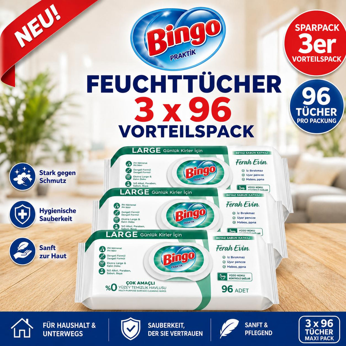 Bingo 3x96 Blatt – Mehrzweck Reinigungstücher – Große Oberfläche