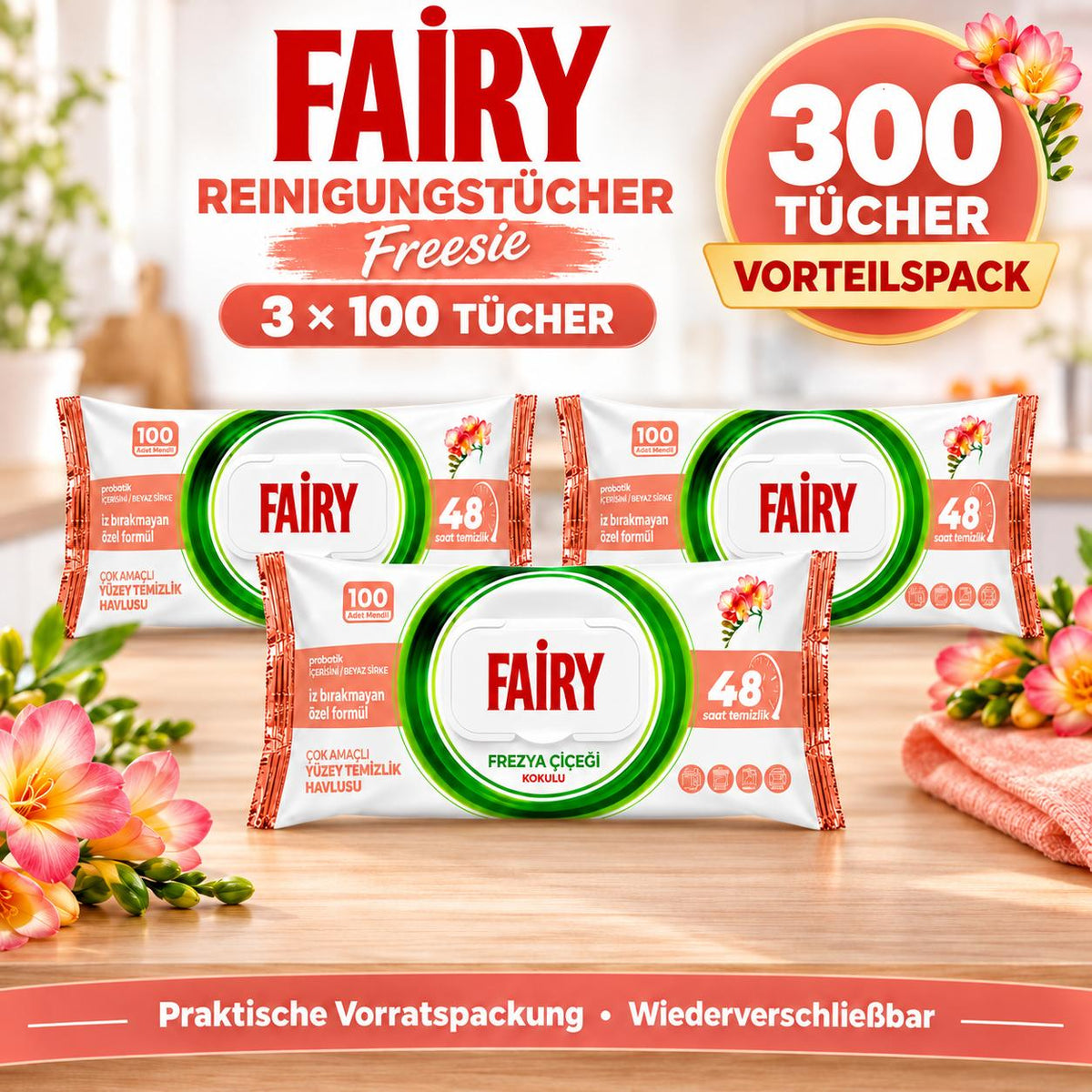 FAIRY Oberflächen-Reinigungstücher Freesie – 3er Set, 3 x 100 Tücher