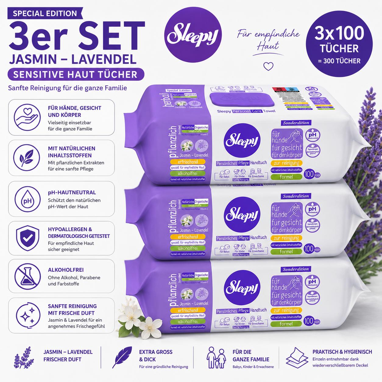 Sleepy Easy Clean Sensitive Feuchttücher Jasmin - Lavendel 3x100 Tücher – für Babys, Kinder & Erwachsene – alkoholfrei, pH-hautneutral, hypoallergen, sanfte Reinigung für Hände, Gesicht & Körper