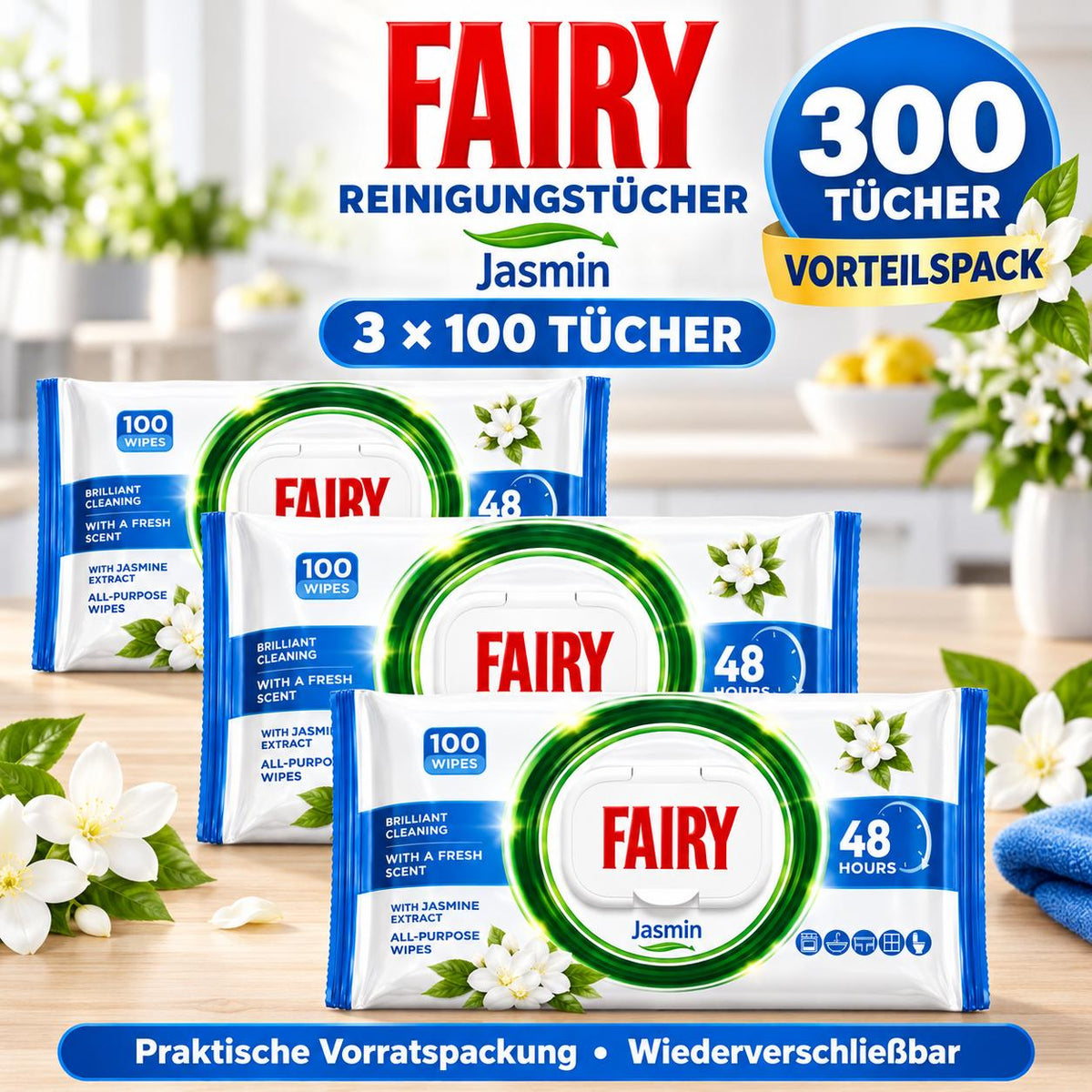 FAIRY Oberflächen-Reinigungstücher Jasmin – 3er Set, 3 x 100 Tücher