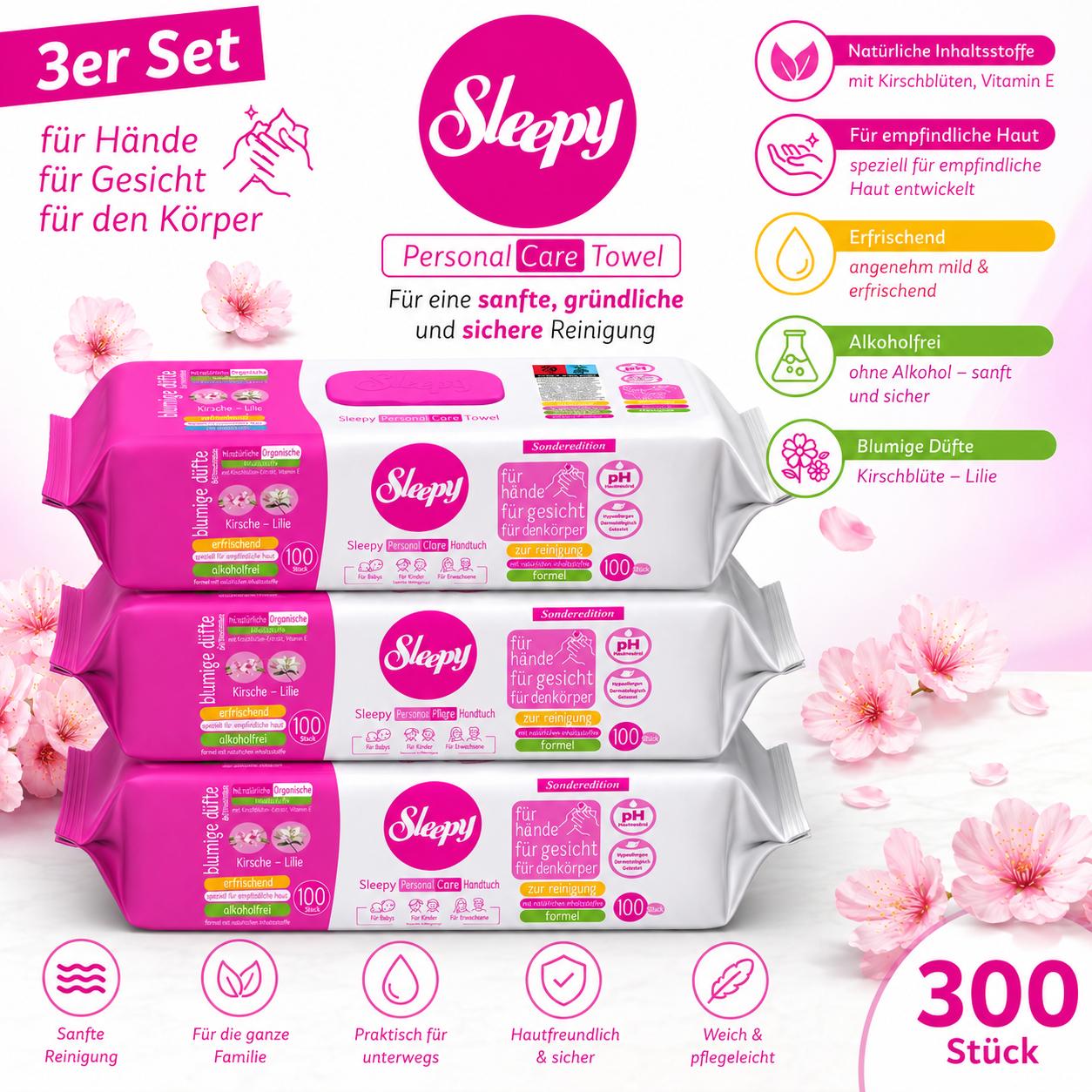 Sleepy Easy Clean Sensitive Feuchttücher Kirsche - Lilie 3x100 Tücher – für Babys, Kinder & Erwachsene – alkoholfrei, pH-hautneutral, hypoallergen, sanfte Reinigung für Hände, Gesicht & Körper