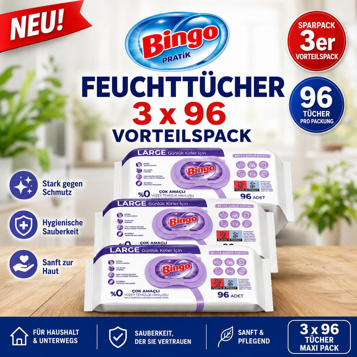 Bingo 3x96 Blatt – Mehrzweck Reinigungstücher – Große Oberfläche