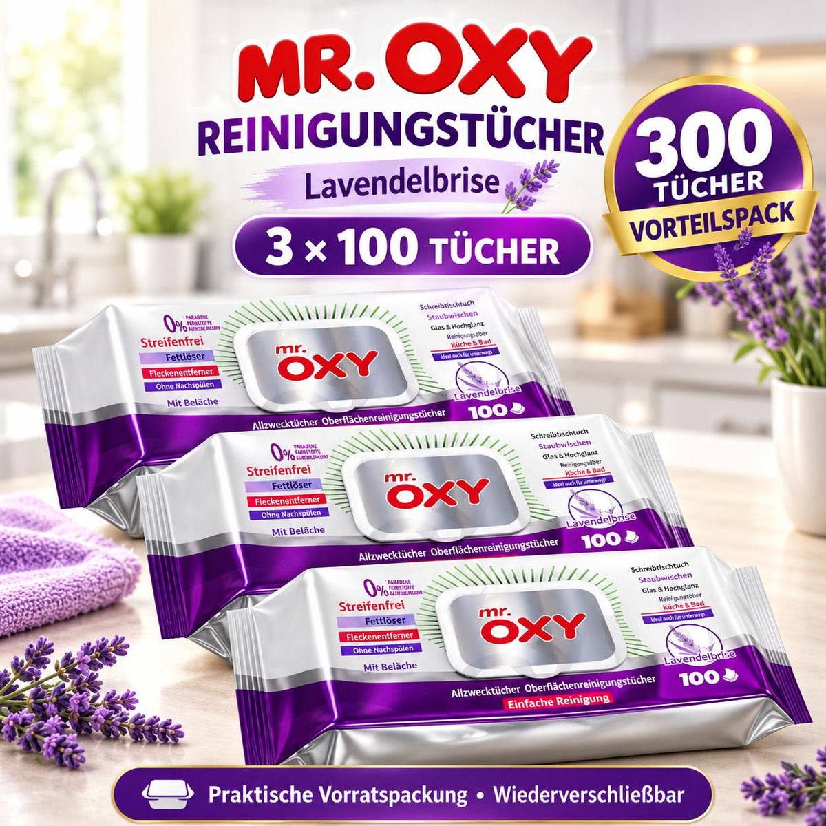 Mr Oxy Oberflächen-Reinigungstücher Lavendelbrise – 3er Set, 3 x 100 Tücher