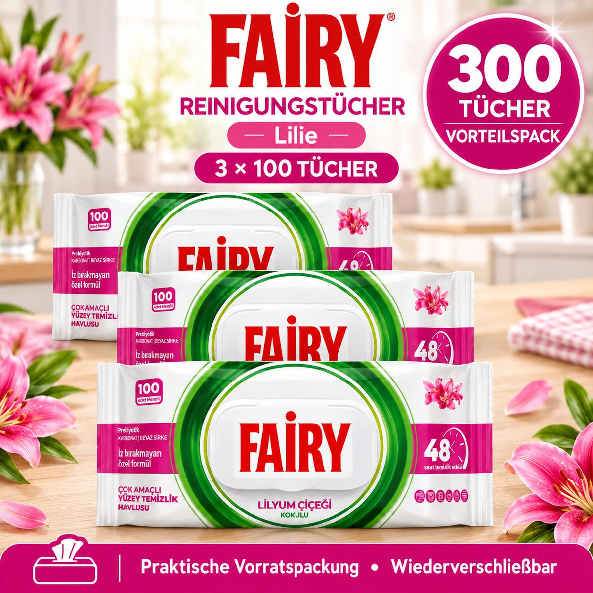 FAIRY Oberflächen-Reinigungstücher Lilie – 3er Set, 3 x 100 Tücher