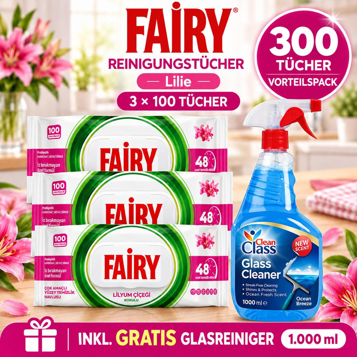 FAIRY Oberflächen-Reinigungstücher Lilie – 3er Set, 3 x 100 Tücher + 1 Gratis-Glasreiniger
