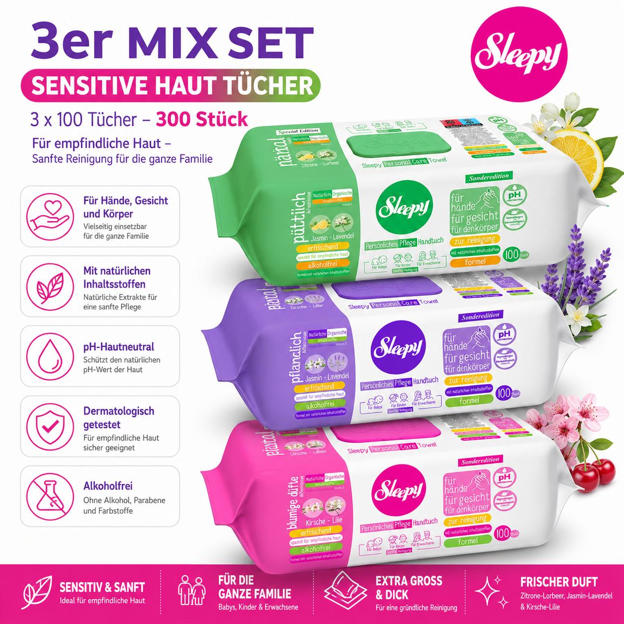 Sleepy Easy Clean Sensitive Mix Set 3x100 Tücher – Zitrone & Lorbeer, Jasmin & Lavendel, Kirsche & Lilie – für Babys, Kinder & Erwachsene
