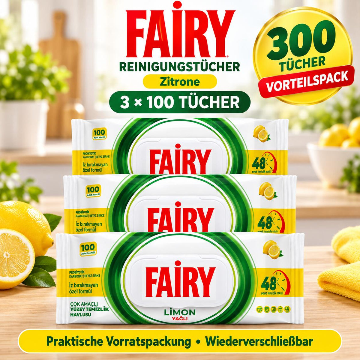 FAIRY Oberflächen-Reinigungstücher Zitrone – 3er Set, 3 x 100 Tücher
